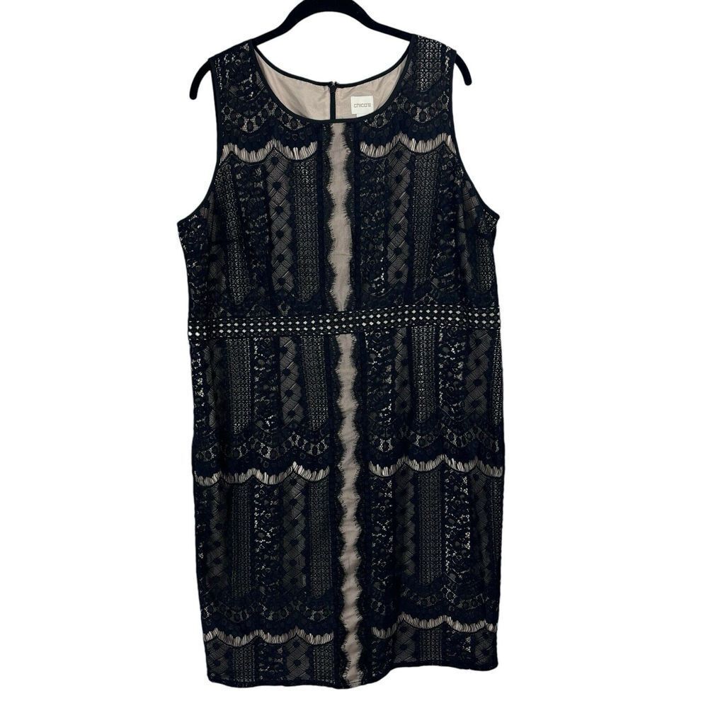 Chicos Black Lace Sheath Dress w/Nude Lining Whimsigoth Sleeveless Size 3